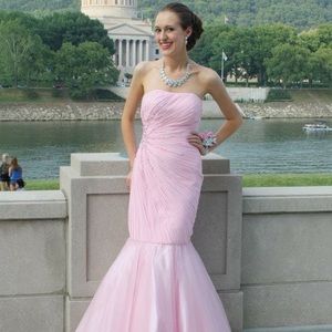 Pastel Pink Mermaid Strapless Jeweled Prom Gown